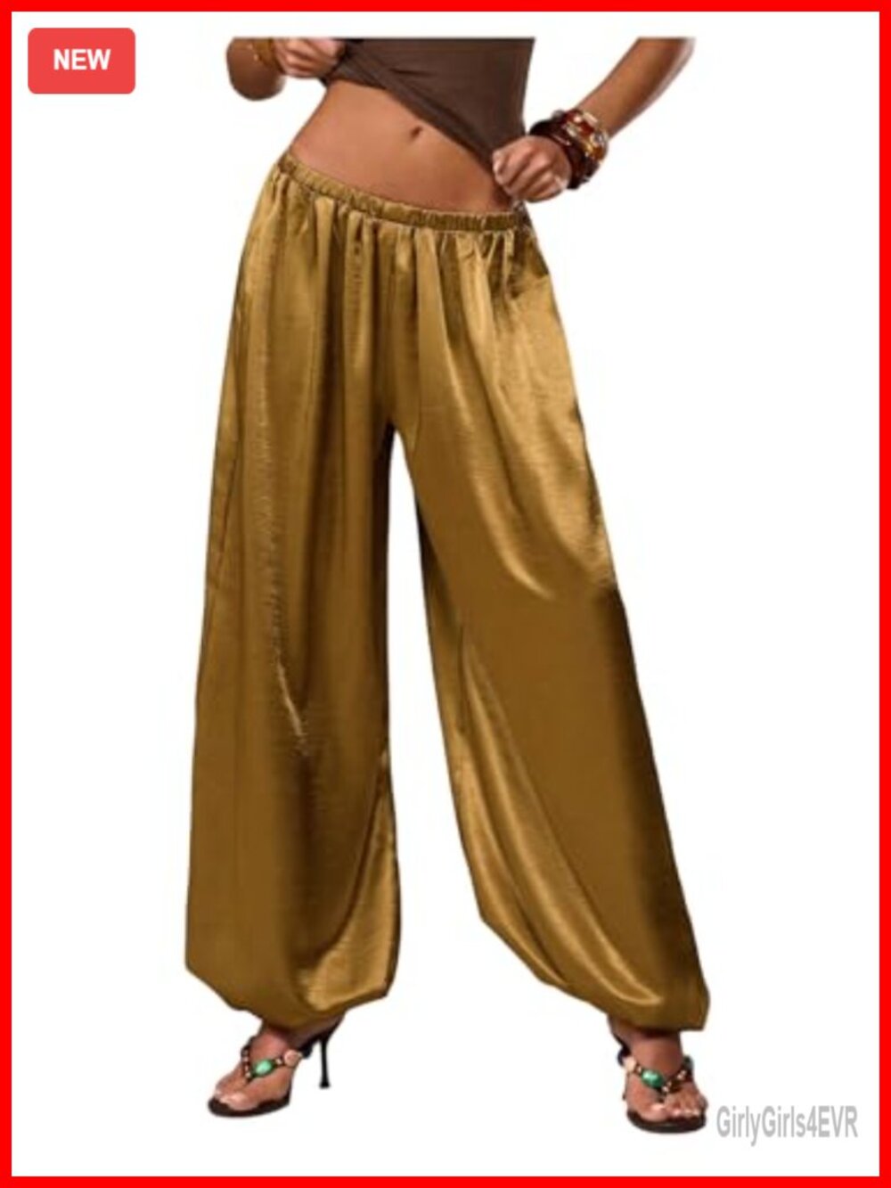 Satin Harem Palazzo Pants Flowy Wide Leg Low Rise Pull On Resort